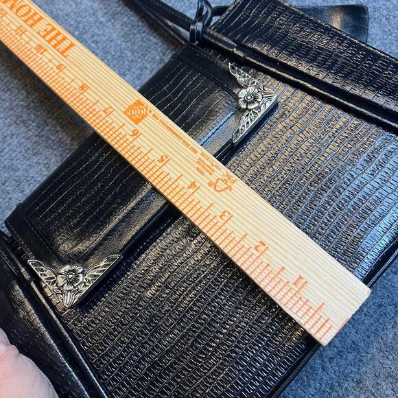 Marc Chantel MC Shoulder Bag Purse Womens Black Embossed Leather Silver Flower - Picture 9 of 10